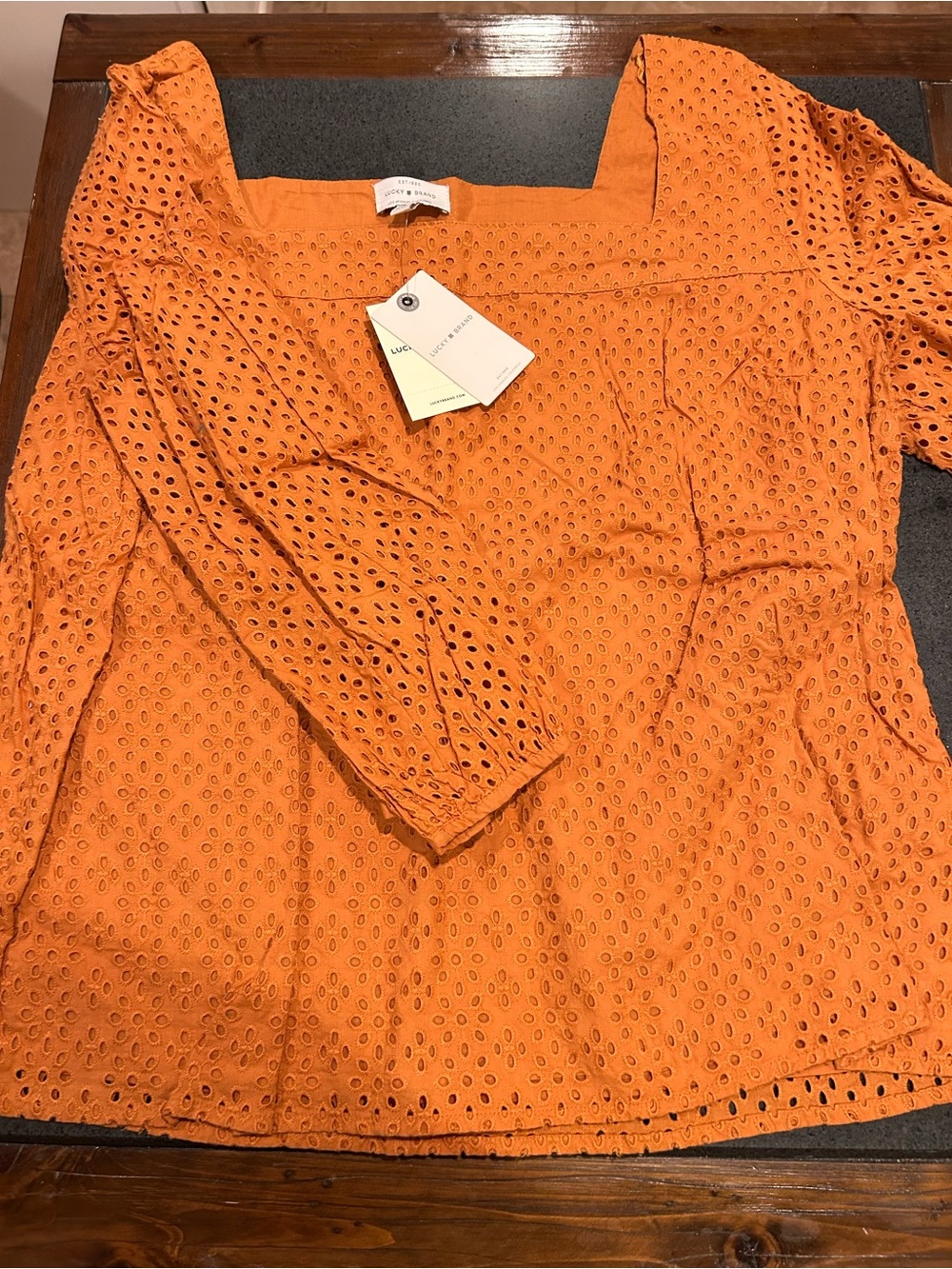 Lucky Brand Orange Eyelet Square-Neck Blouse